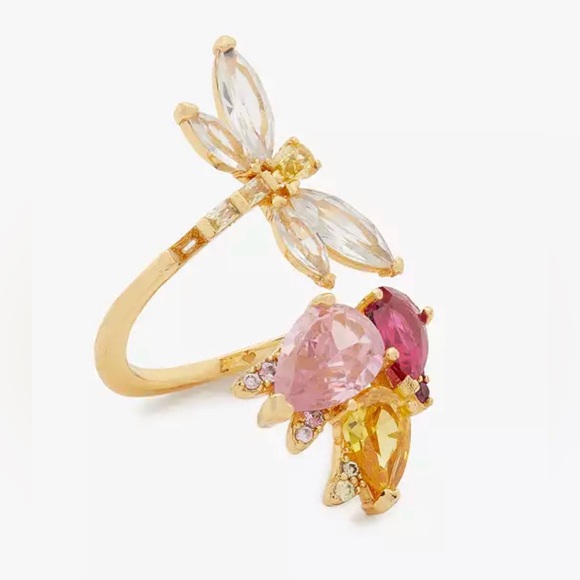 Kate Spade Greenhouse Floral Wrap Ring ~Rhinestone Dragonfly Tulip Cocktail Ring - Picture 6 of 6